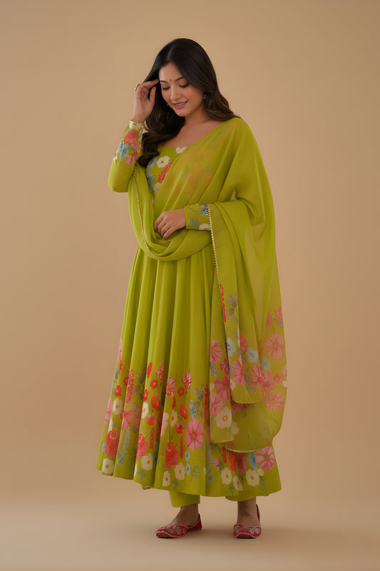 Charming Lime Green Floral Printed Readymade Salwar Suit with Flared Kurta and Matching Dupatta