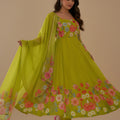 Charming Lime Green Floral Printed Readymade Salwar Suit with Flared Kurta and Matching Dupatta