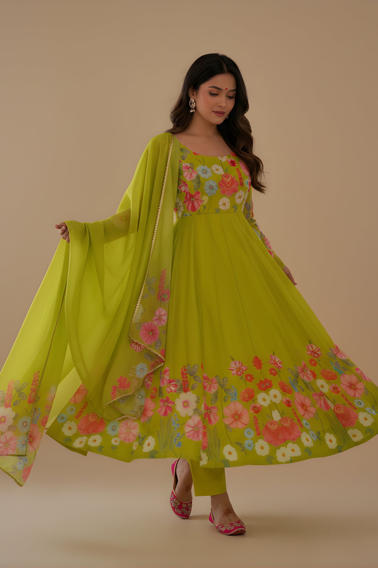 Charming Lime Green Floral Printed Readymade Salwar Suit with Flared Kurta and Matching Dupatta