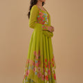 Charming Lime Green Floral Printed Readymade Salwar Suit with Flared Kurta and Matching Dupatta