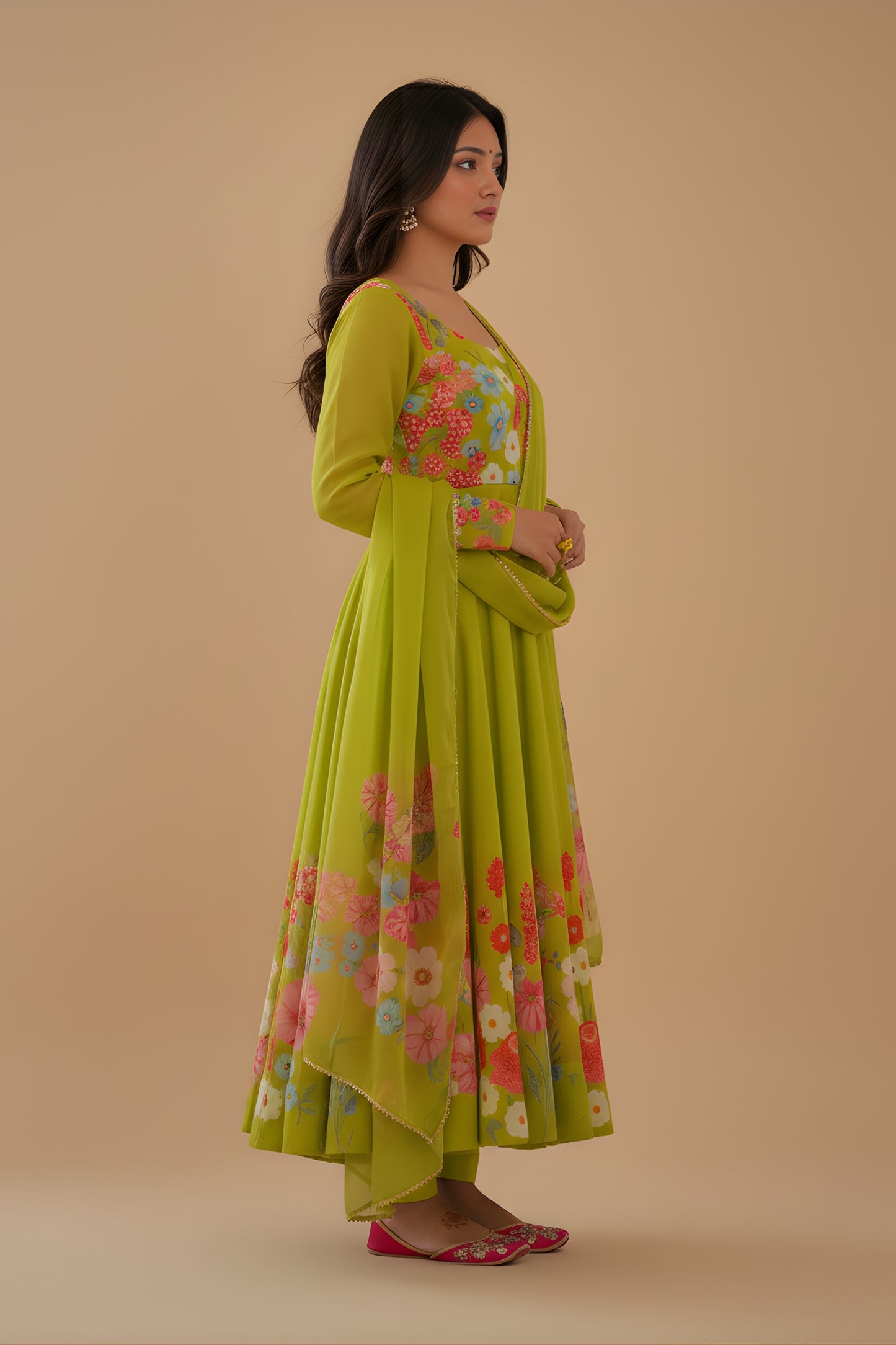 Charming Lime Green Floral Printed Readymade Salwar Suit with Flared Kurta and Matching Dupatta