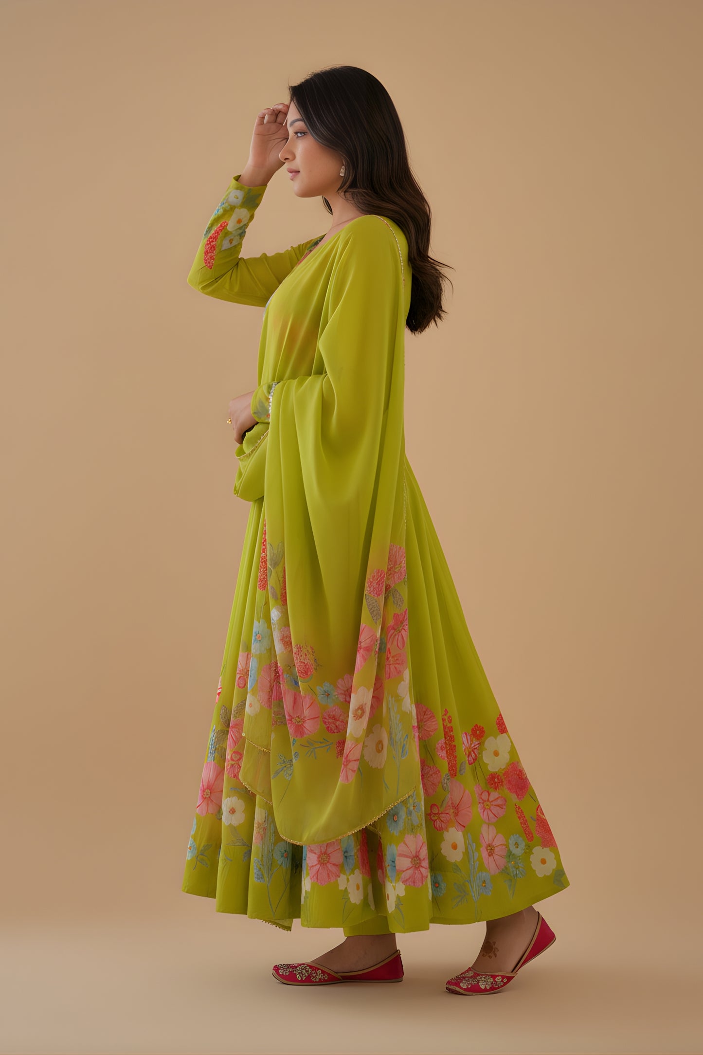 Charming Lime Green Floral Printed Readymade Salwar Suit with Flared Kurta and Matching Dupatta