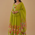 Charming Lime Green Floral Printed Readymade Salwar Suit with Flared Kurta and Matching Dupatta