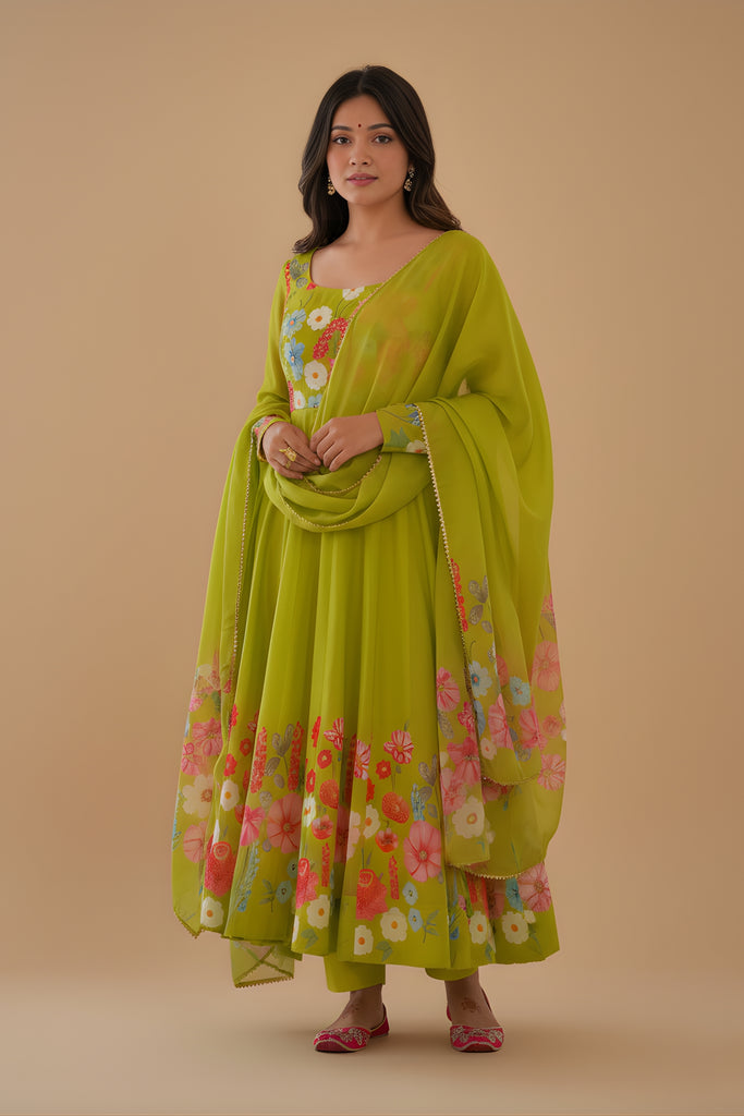 Charming Lime Green Floral Printed Readymade Salwar Suit with Flared Kurta and Matching Dupatta