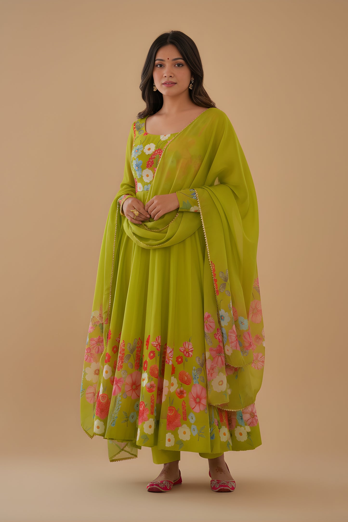 Charming Lime Green Floral Printed Readymade Salwar Suit with Flared Kurta and Matching Dupatta