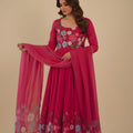 Stunning Rani Pink Floral Printed Readymade Salwar Suit with Flared Kurta and Matching Dupatta