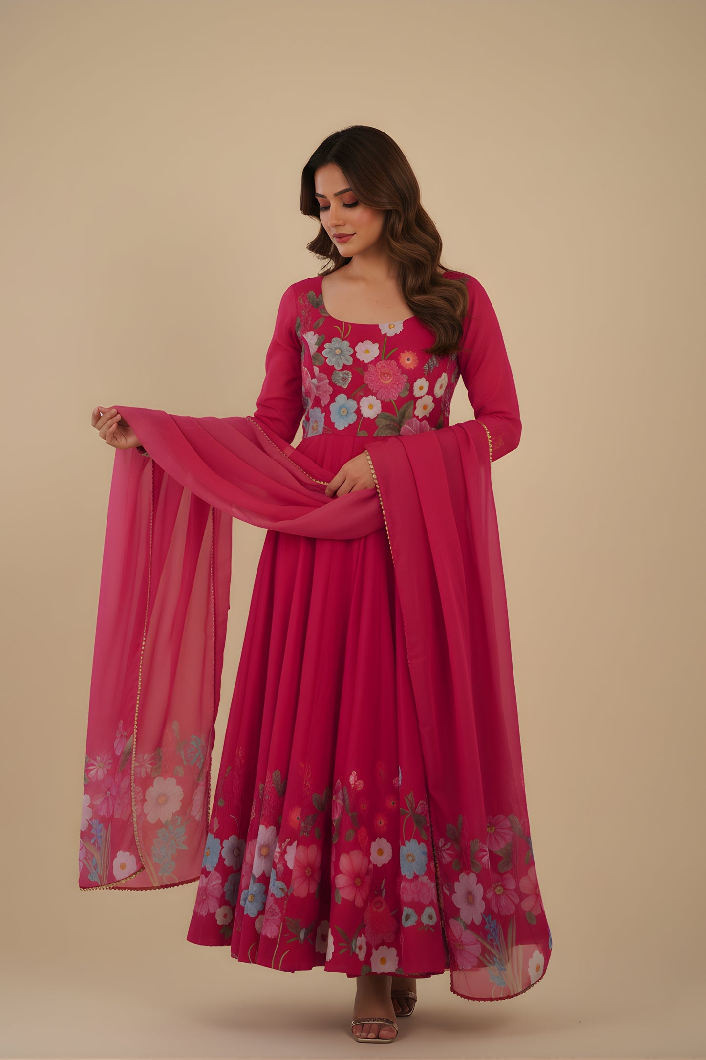 Stunning Rani Pink Floral Printed Readymade Salwar Suit with Flared Kurta and Matching Dupatta