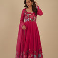 Stunning Rani Pink Floral Printed Readymade Salwar Suit with Flared Kurta and Matching Dupatta