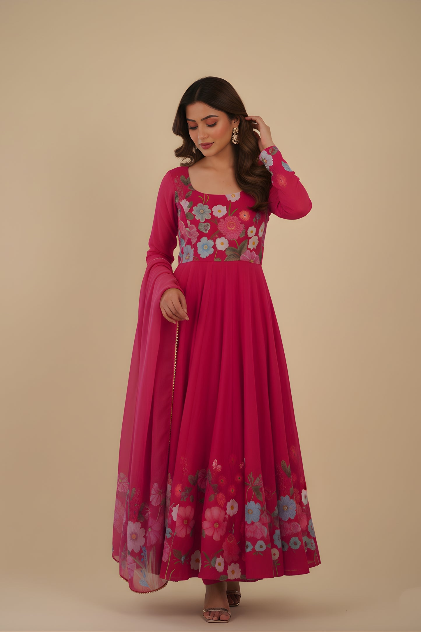 Stunning Rani Pink Floral Printed Readymade Salwar Suit with Flared Kurta and Matching Dupatta