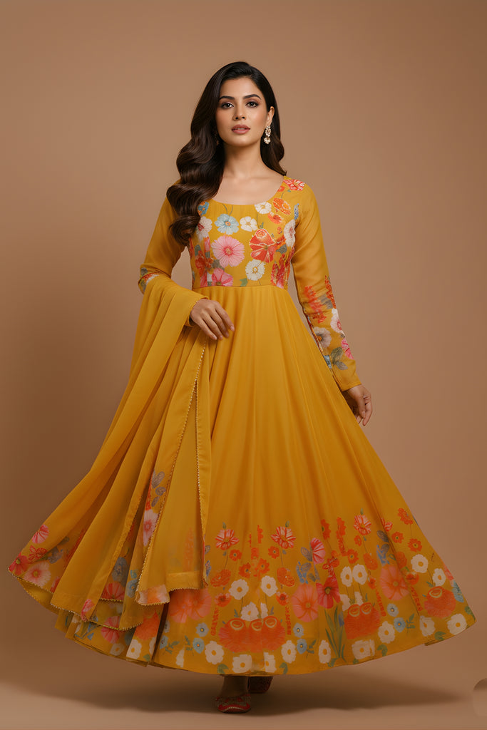 Designer Mustard Yellow Floral Printed Readymade Salwar Suit with Dupatta