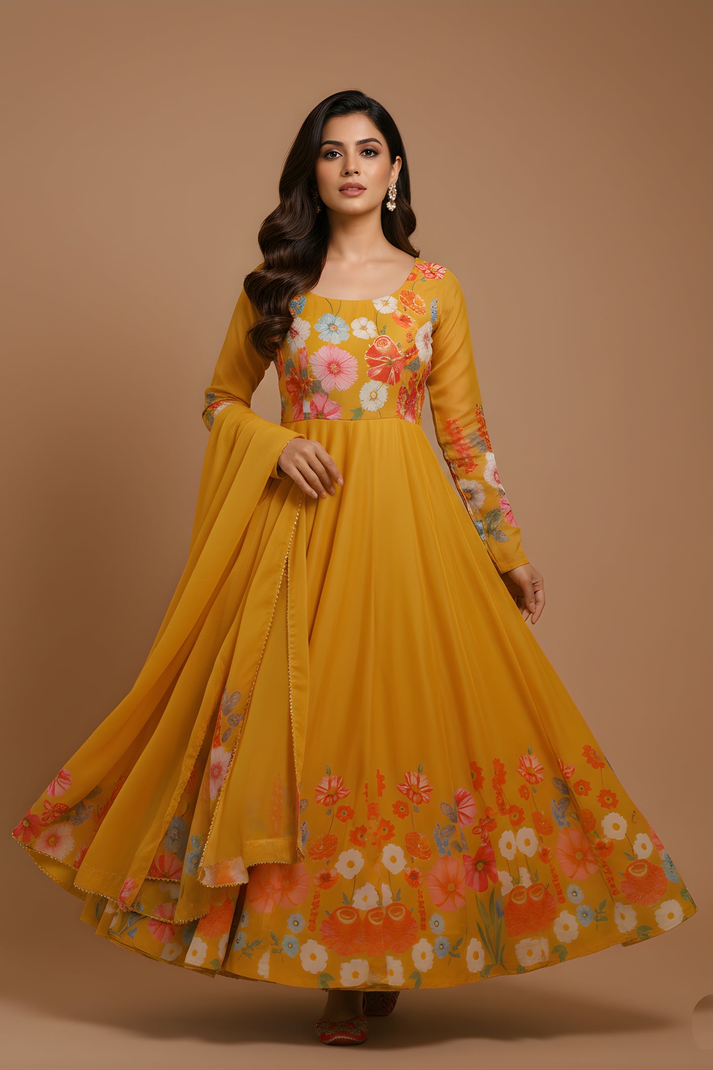 Designer Mustard Yellow Floral Printed Readymade Salwar Suit with Dupatta