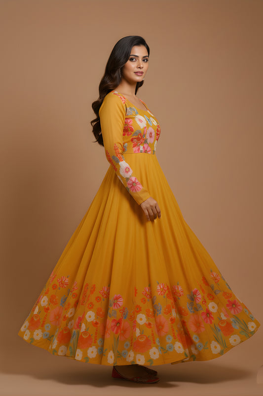 Designer Mustard Yellow Floral Printed Readymade Salwar Suit with Dupatta