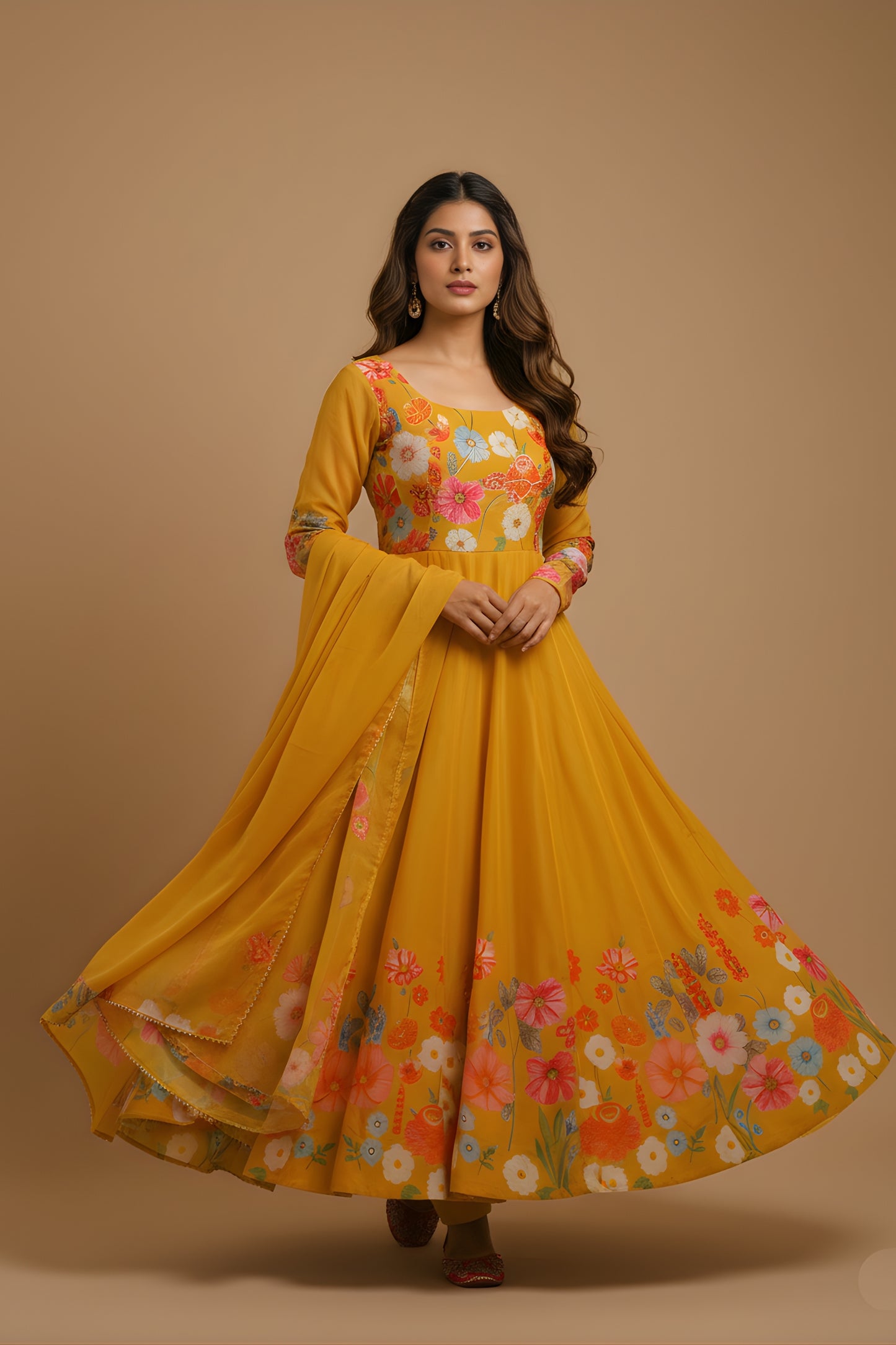 Designer Mustard Yellow Floral Printed Readymade Salwar Suit with Dupatta