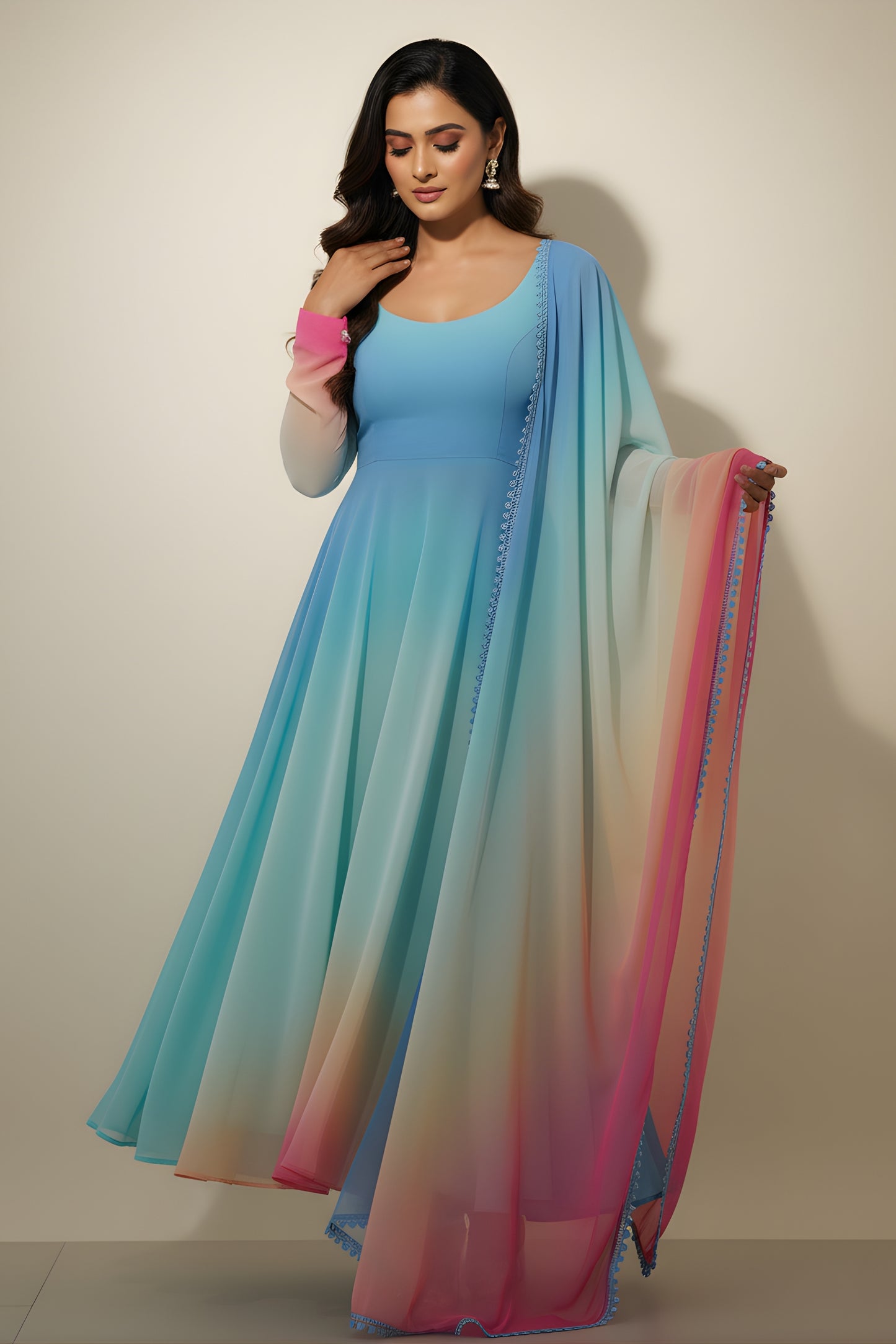 Wonderful Multicolor Ombre Flared Readymade Salwar Suit with Matching Dupatta