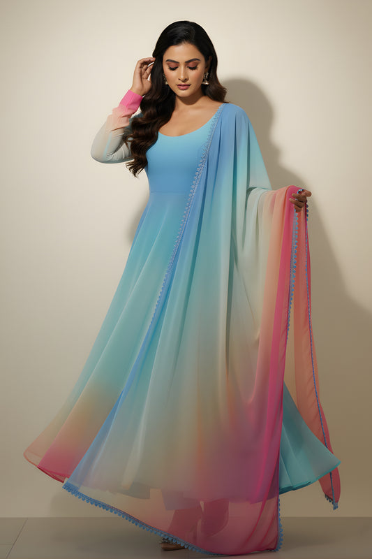 Wonderful Multicolor Ombre Flared Readymade Salwar Suit with Matching Dupatta