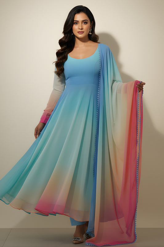 Wonderful Multicolor Ombre Flared Readymade Salwar Suit with Matching Dupatta