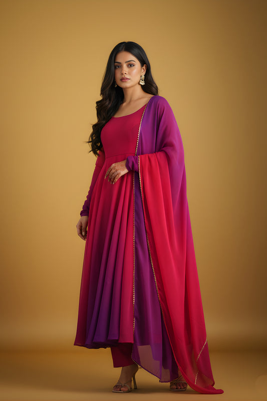 Excellent Rani Pink and Purple Ombre Flared Readymade Salwar Suit with Matching Dupatta