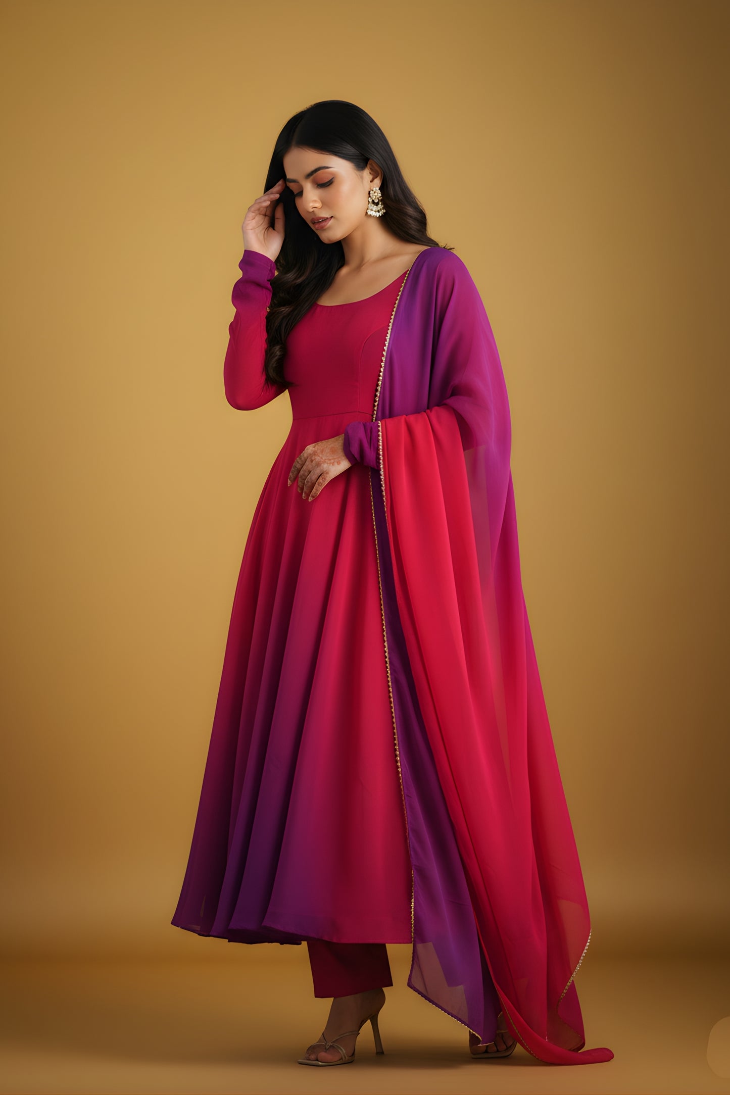 Excellent Rani Pink and Purple Ombre Flared Readymade Salwar Suit with Matching Dupatta