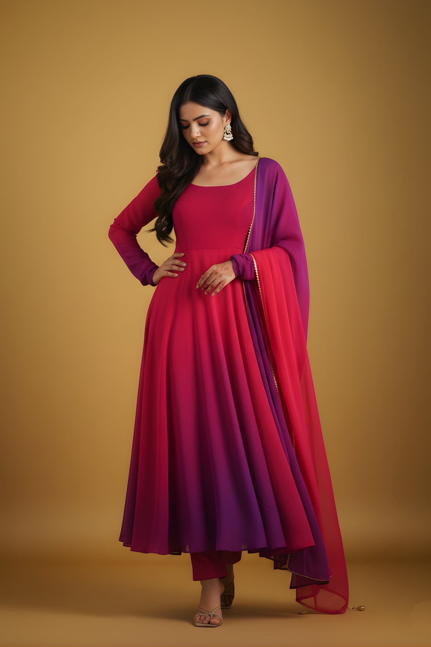Excellent Rani Pink and Purple Ombre Flared Readymade Salwar Suit with Matching Dupatta