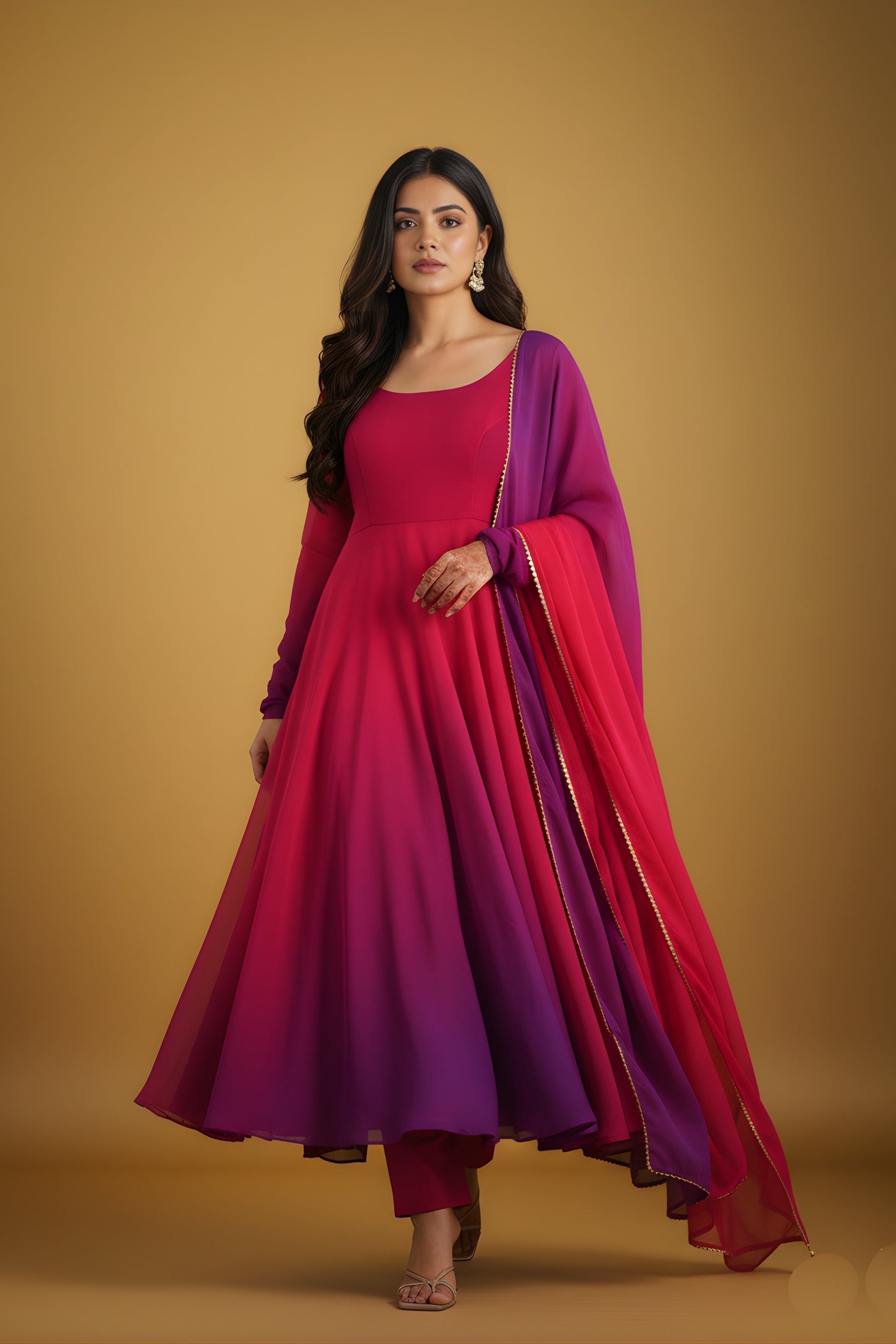 Excellent Rani Pink and Purple Ombre Flared Readymade Salwar Suit with Matching Dupatta