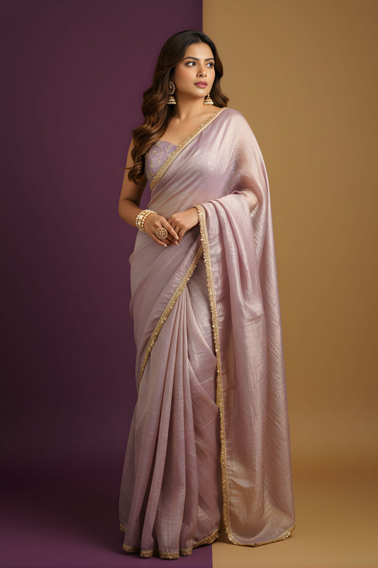 Onion Shimmer Silk Saree with Golden Border Party Wear Saree