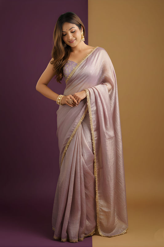 Onion Shimmer Silk Saree with Golden Border Party Wear Saree