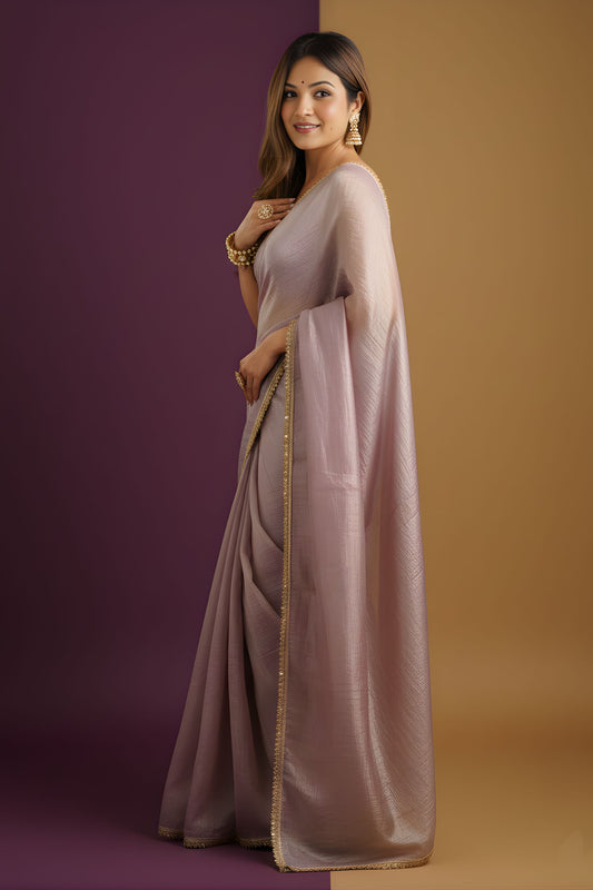 Onion Shimmer Silk Saree with Golden Border Party Wear Saree