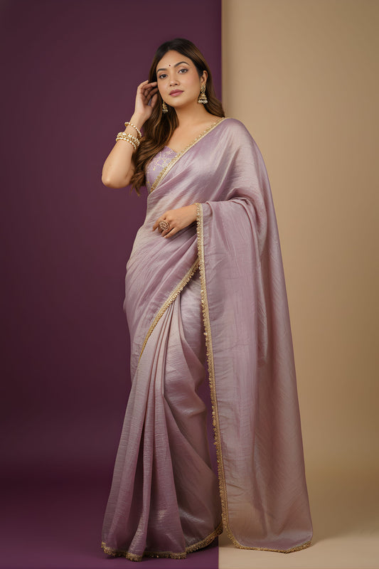Onion Shimmer Silk Saree with Golden Border Party Wear Saree