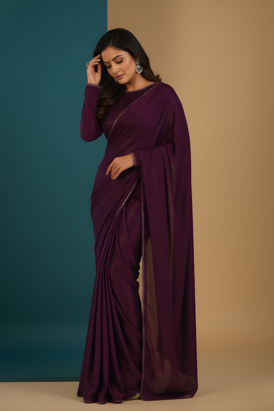 Wine Purple Shimmer Silk Saree with Designer Border Party Wear