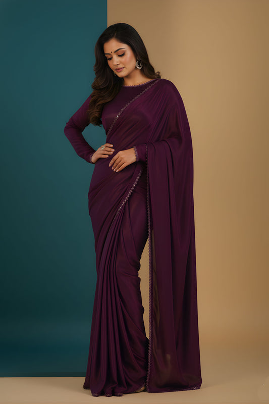 Wine Purple Shimmer Silk Saree with Designer Border Party Wear