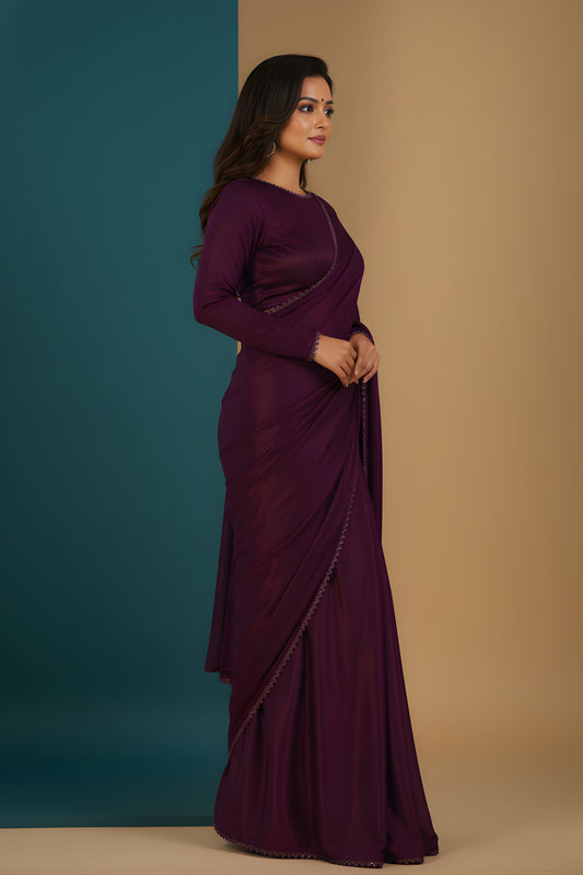 Wine Purple Shimmer Silk Saree with Designer Border Party Wear