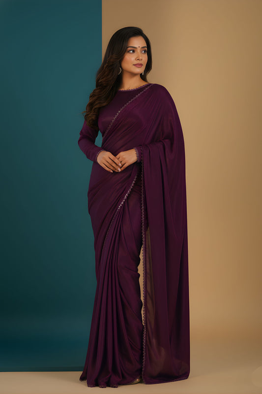 Wine Purple Shimmer Silk Saree with Designer Border Party Wear 
