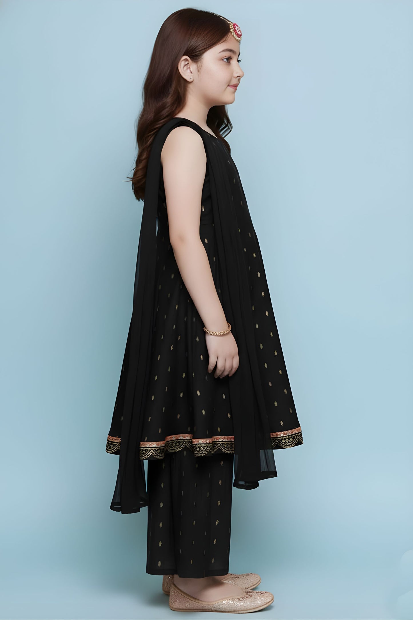 Elegant Black Printed Anarkali Sharara Set for Girls with Dupatta