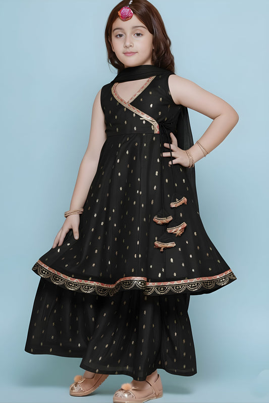 Elegant Black Printed Anarkali Sharara Set for Girls with Dupatta