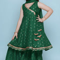 Refreshing Green Printed Anarkali Sharara Set for Girls with Dupatta