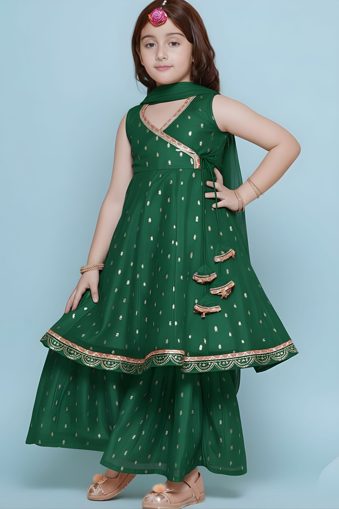 Refreshing Green Printed Anarkali Sharara Set for Girls with Dupatta