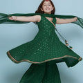 Refreshing Green Printed Anarkali Sharara Set for Girls with Dupatta