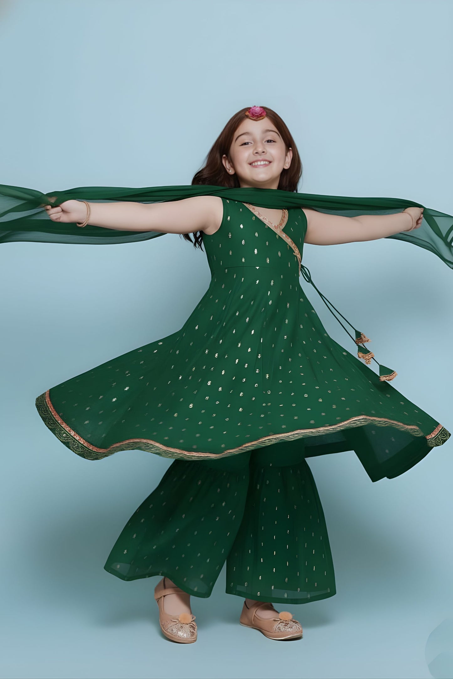 Refreshing Green Printed Anarkali Sharara Set for Girls with Dupatta
