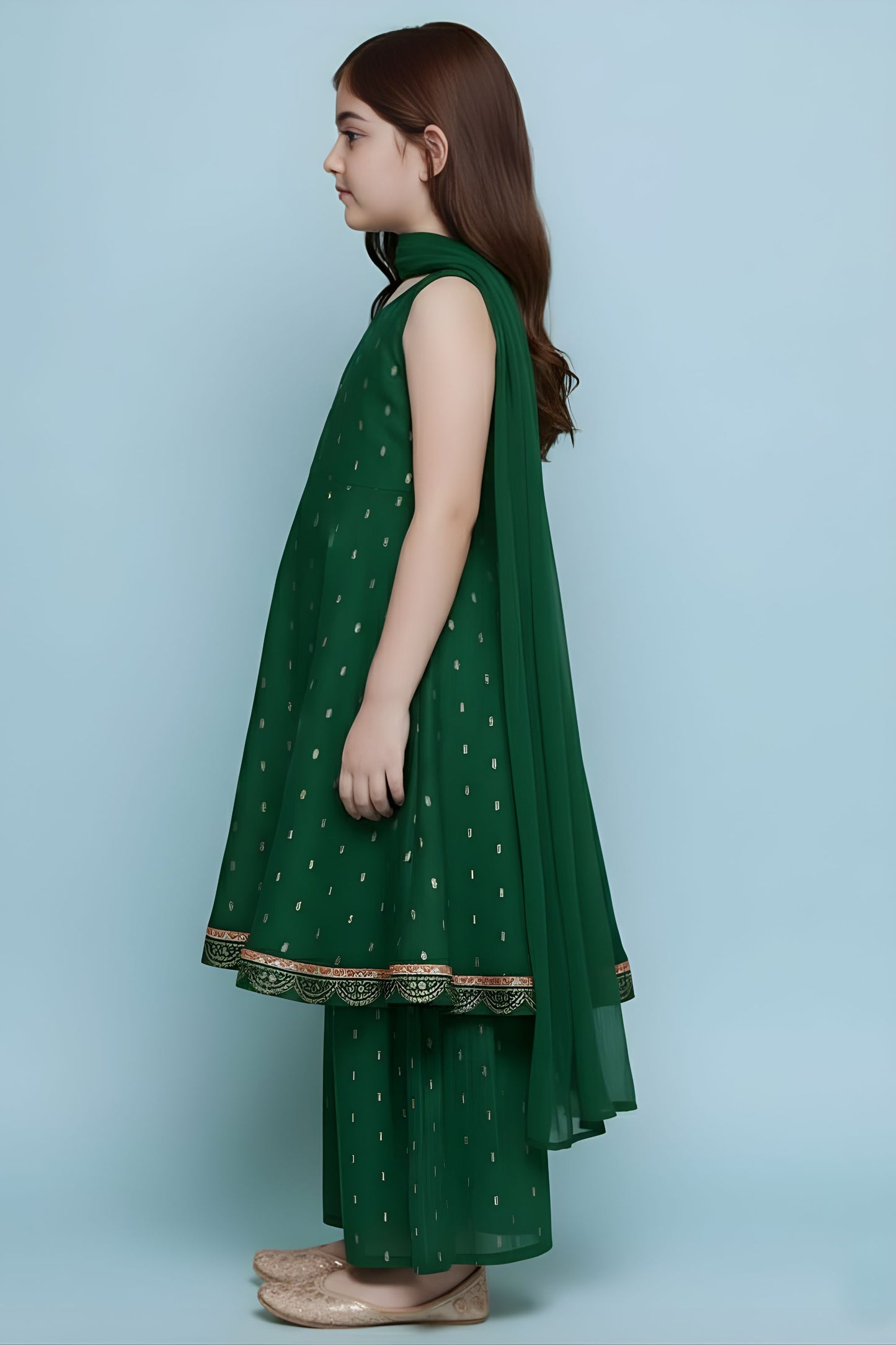 Refreshing Green Printed Anarkali Sharara Set for Girls with Dupatta