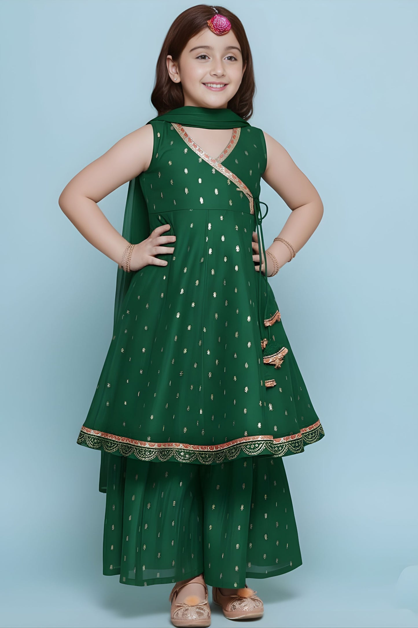 Refreshing Green Printed Anarkali Sharara Set for Girls with Dupatta 