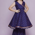 Graceful Navy Blue Chanderi Silk Printed Anarkali Sharara Set for Girls with Dupatta