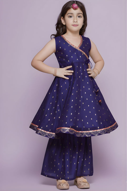 Graceful Navy Blue Chanderi Silk Printed Anarkali Sharara Set for Girls with Dupatta