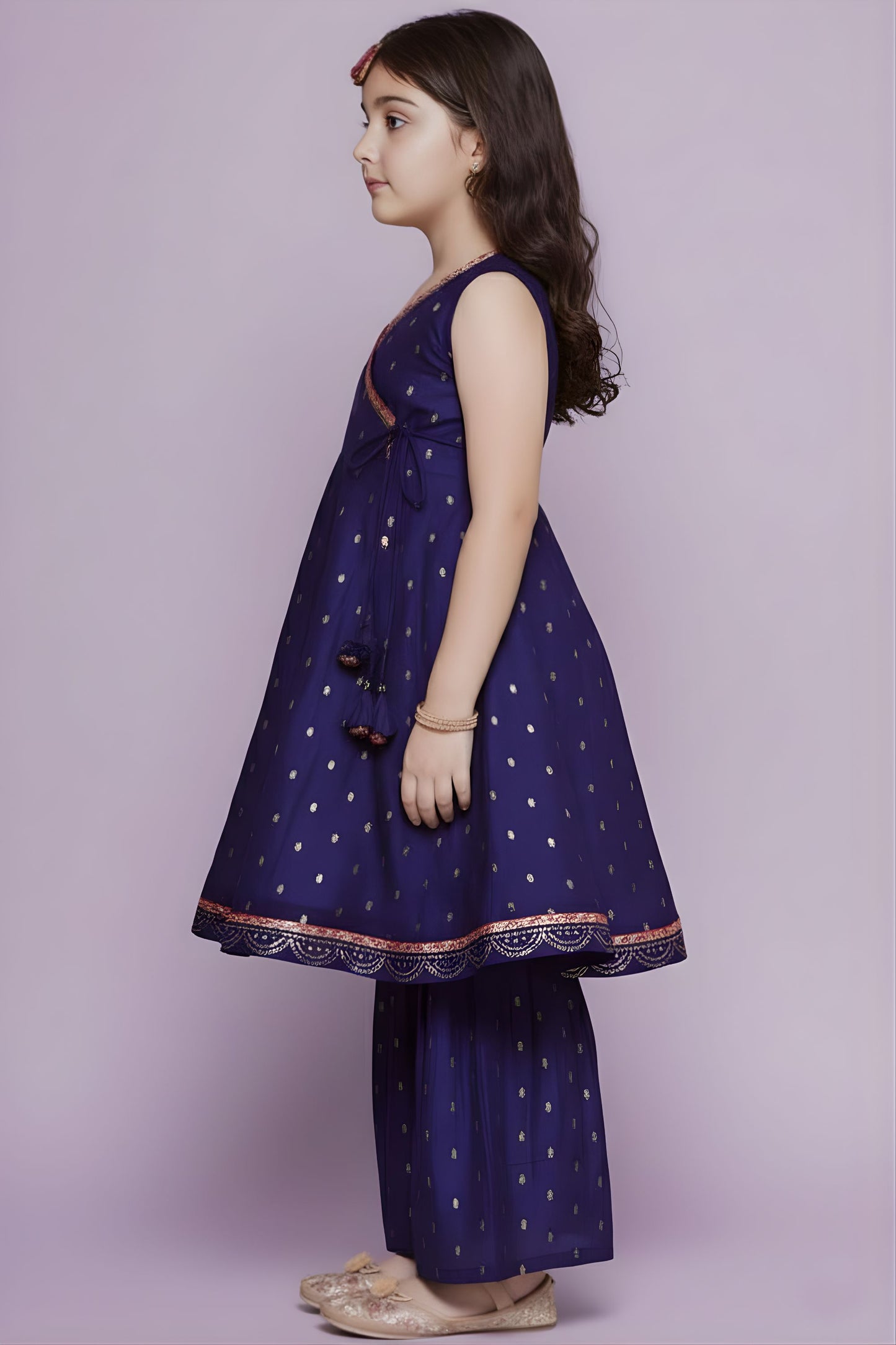 Graceful Navy Blue Chanderi Silk Printed Anarkali Sharara Set for Girls with Dupatta