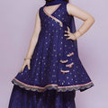 Graceful Navy Blue Chanderi Silk Printed Anarkali Sharara Set for Girls with Dupatta