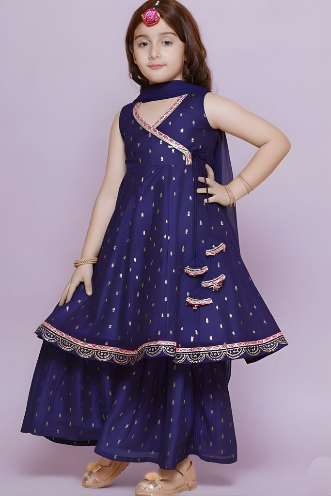 Graceful Navy Blue Chanderi Silk Printed Anarkali Sharara Set for Girls with Dupatta