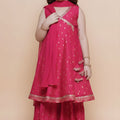 Charming Rani Pink Chanderi Silk Printed Anarkali Sharara Set for Girls with Dupatta