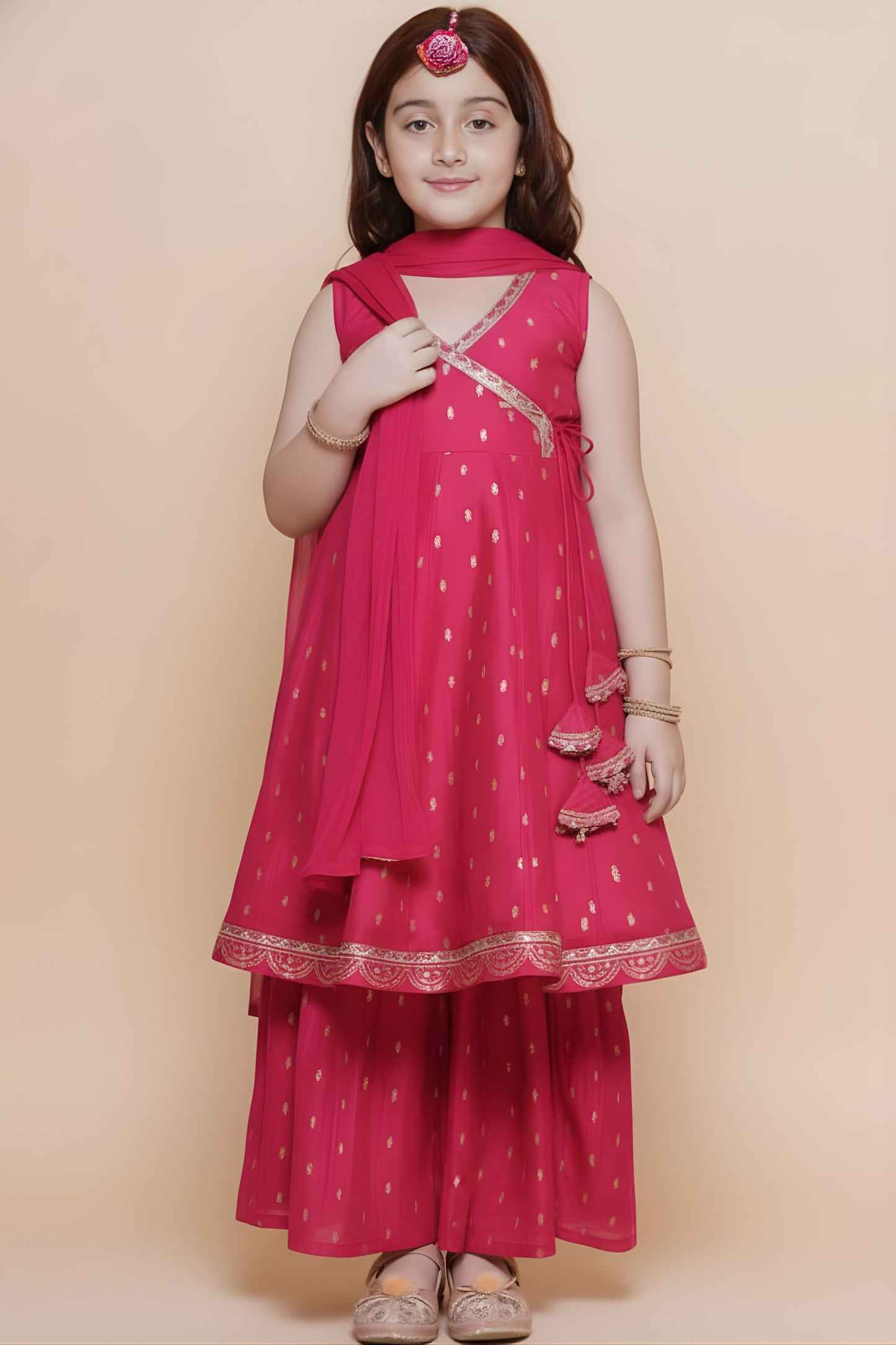 Charming Rani Pink Chanderi Silk Printed Anarkali Sharara Set for Girls with Dupatta