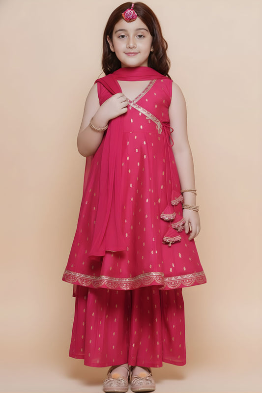 Charming Rani Pink Chanderi Silk Printed Anarkali Sharara Set for Girls with Dupatta