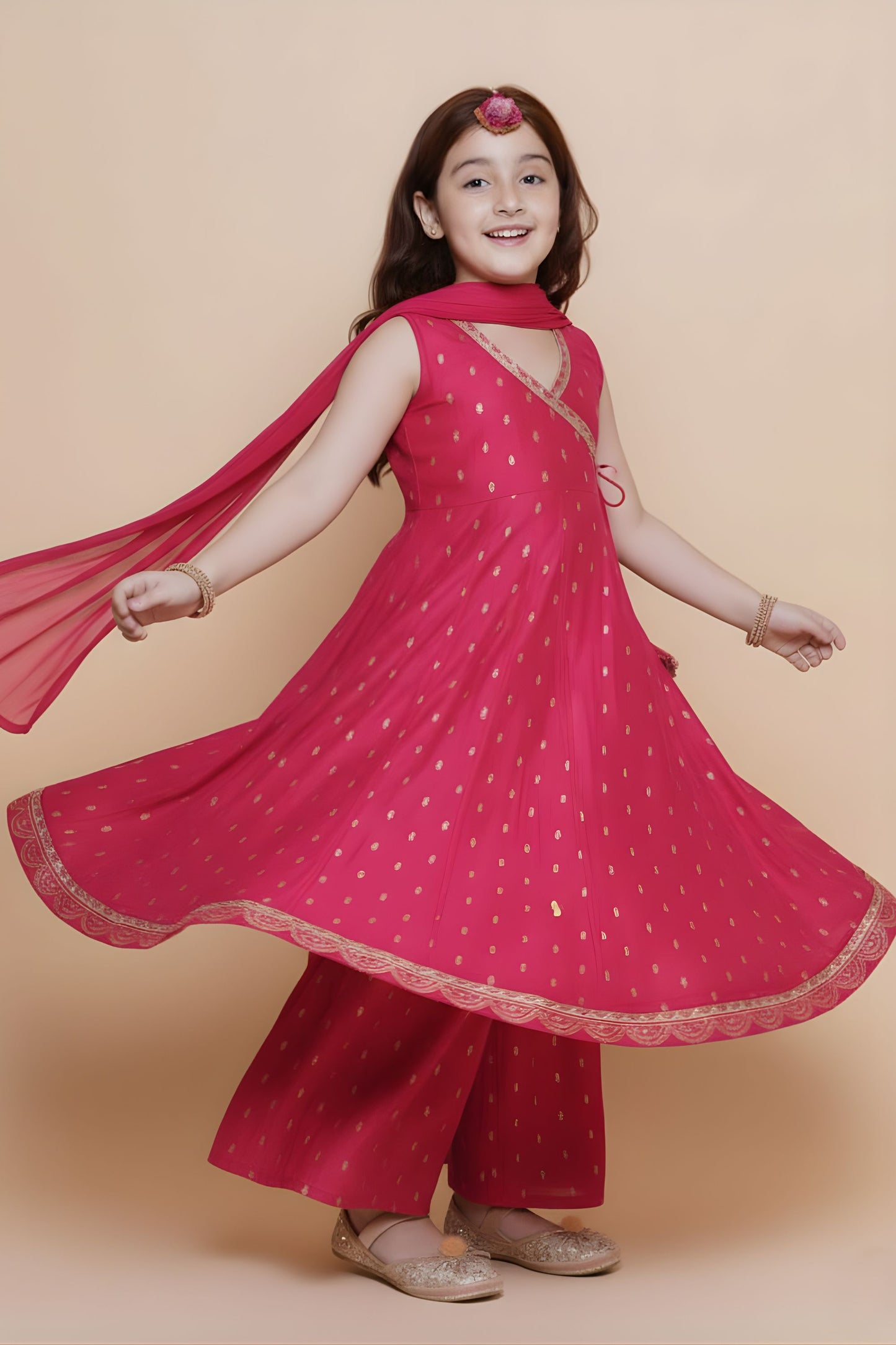 Charming Rani Pink Chanderi Silk Printed Anarkali Sharara Set for Girls with Dupatta