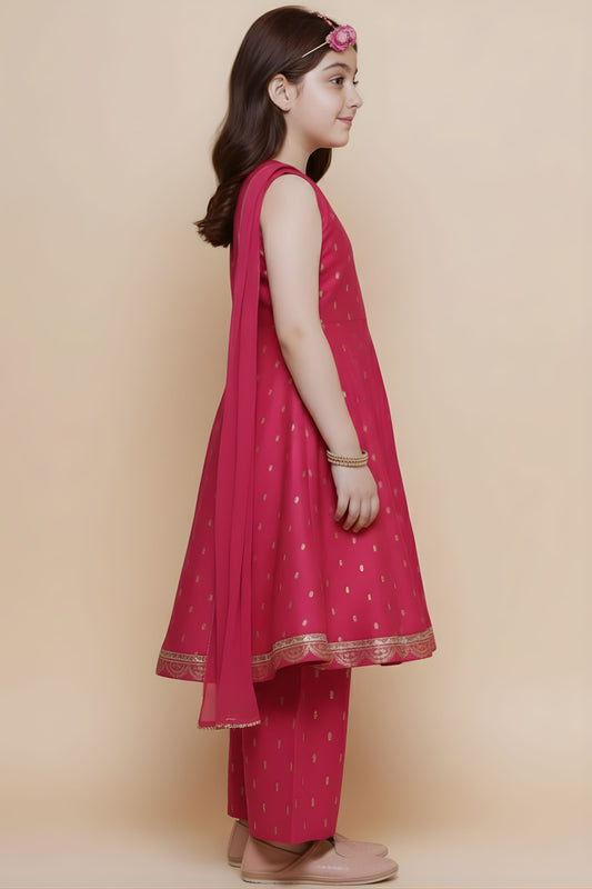 Charming Rani Pink Chanderi Silk Printed Anarkali Sharara Set for Girls with Dupatta